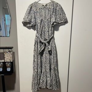 THE GREAT. Blue and White Floral Midi Dress